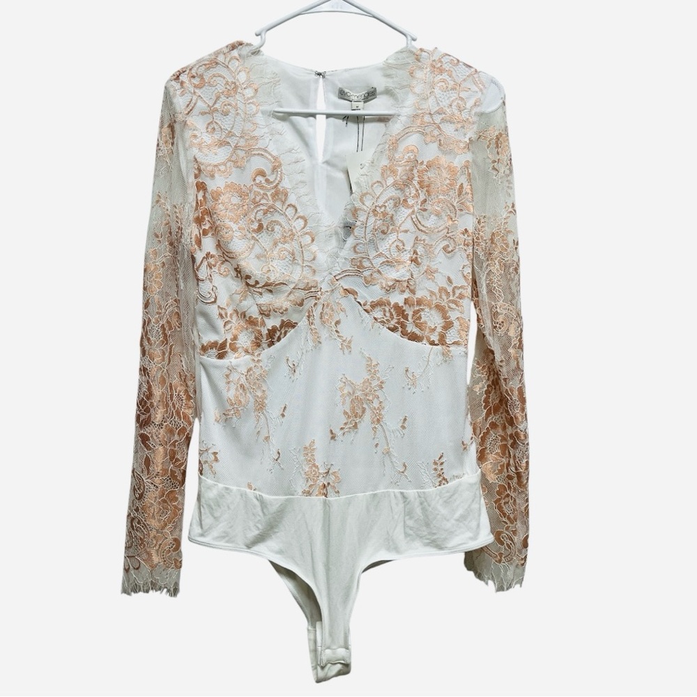Eva Mendes For NY & CO White and Rose Gold Floral Lace Bodysuit Sz M
